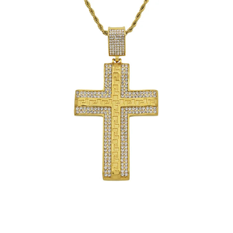 New Hiphop Jewelry 316L Stainless Steel Gold Plated Crystal Diamond Stone Necklace Cross Pendant