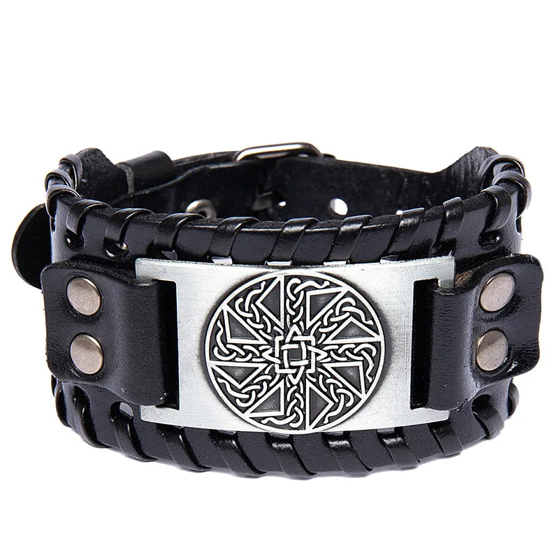 New Trendy Nordic Amulet Medieval Cowhide Adjustable Wide Viking Celtic Knot Totem Bracelet for Women Men