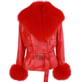 Leather With Fox Fur Collar Women Real Leather Jacket Red Leather Jacket for Ladies