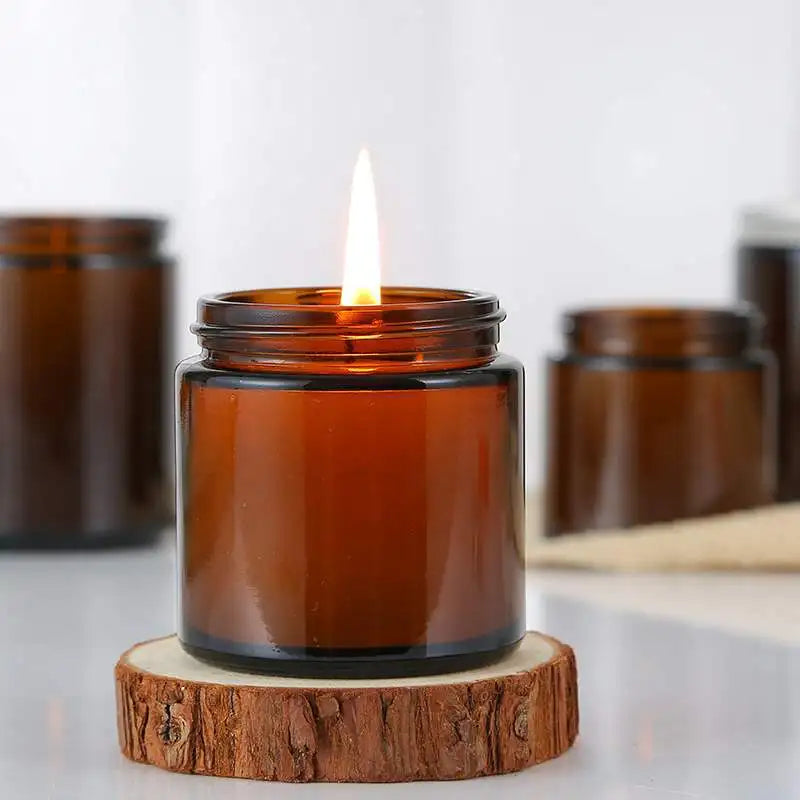 Customized Logo Wholesale More Size Cylinder Brown Candle Making Stand Glass Candle Jars with Lid