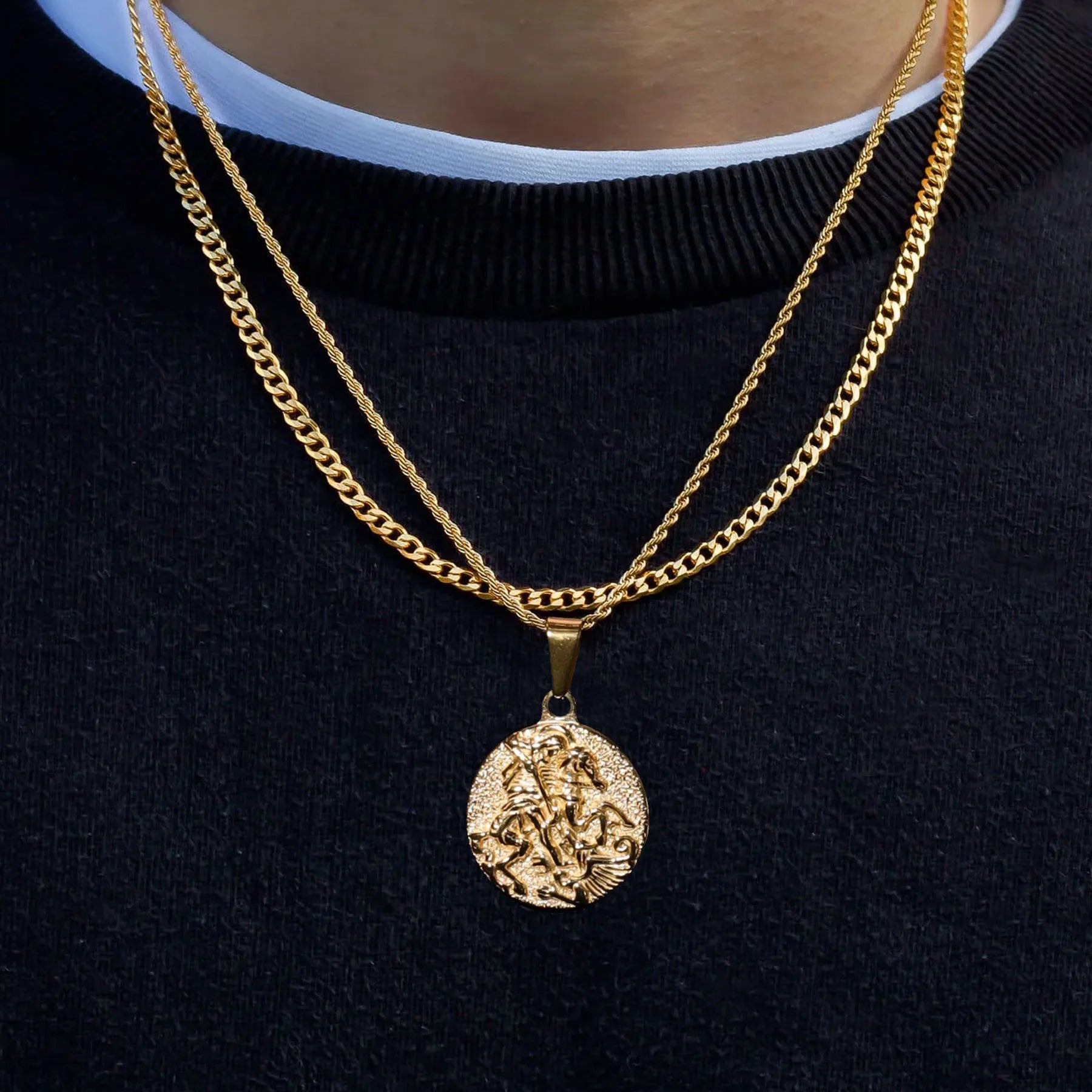 Trendy Jewelry Sets Stainless Steel 18K PVD Gold Plated Fashion Custom Saint George Medal St George of Lydda Necklace for Man