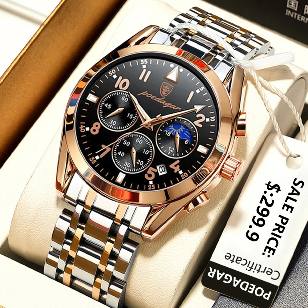 Poedagar Fashion Men Watch Waterproof Luminous Quartz Watches Calendar Stainless Stain Wrist Watch for Men