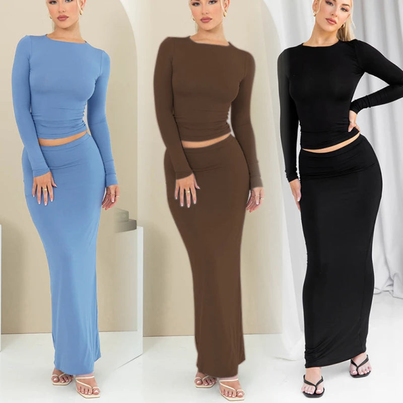 Spring Fall New Arrivals Womens Clothing Dresses Women Lady Elegant Ladies Casual Crop Top Skirt Two Piece Women's Skirts Sets
