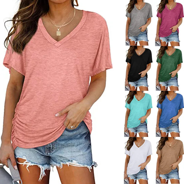 Custom Logo Women's Casual V-Neck Short Sleeve T-Shirt Breathable Cotton Fabric  Soft Skin-Friendly for Everyday Comfort Wear