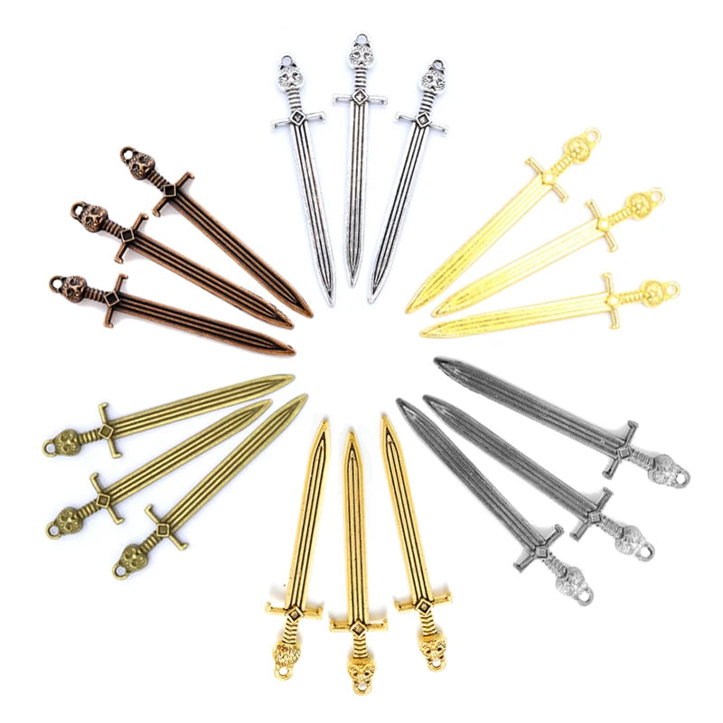 6 Color Alloy Antique Knight Sword Charms for Jewelry Making DIY Handmade Weapons Pendant 66*14mm M61