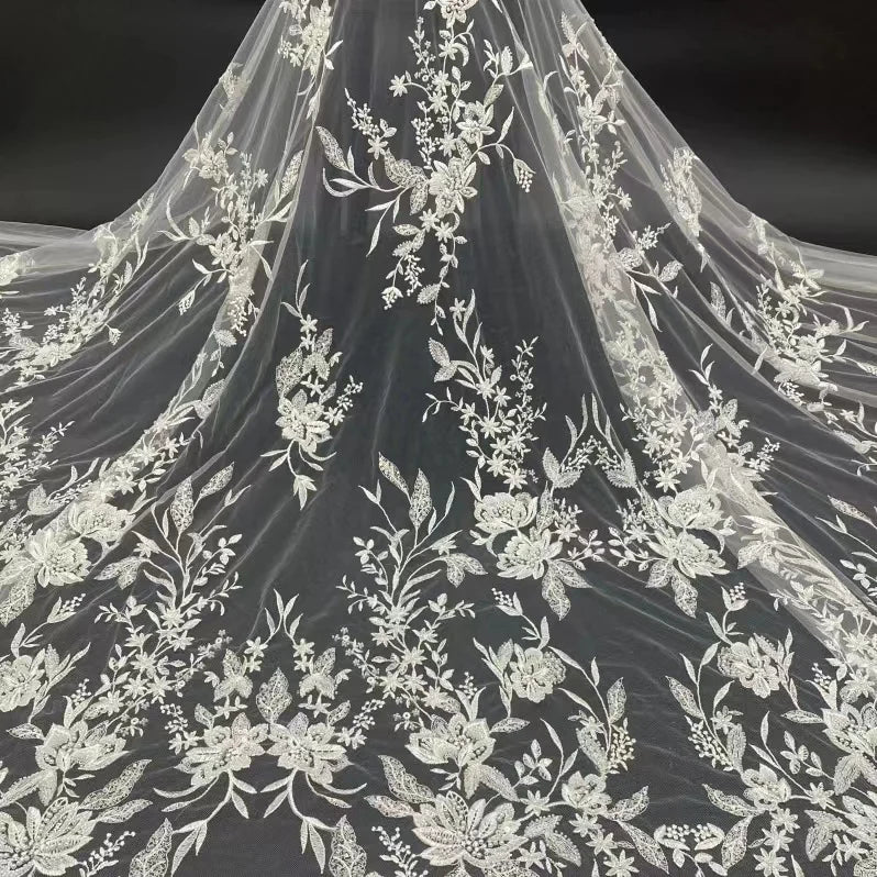 Wholesale Eco-Friendly White Flower Soft Tulle Glitter Lace Fabric Beaded Sequin Embroidery for Wedding Dresses Women's Dress