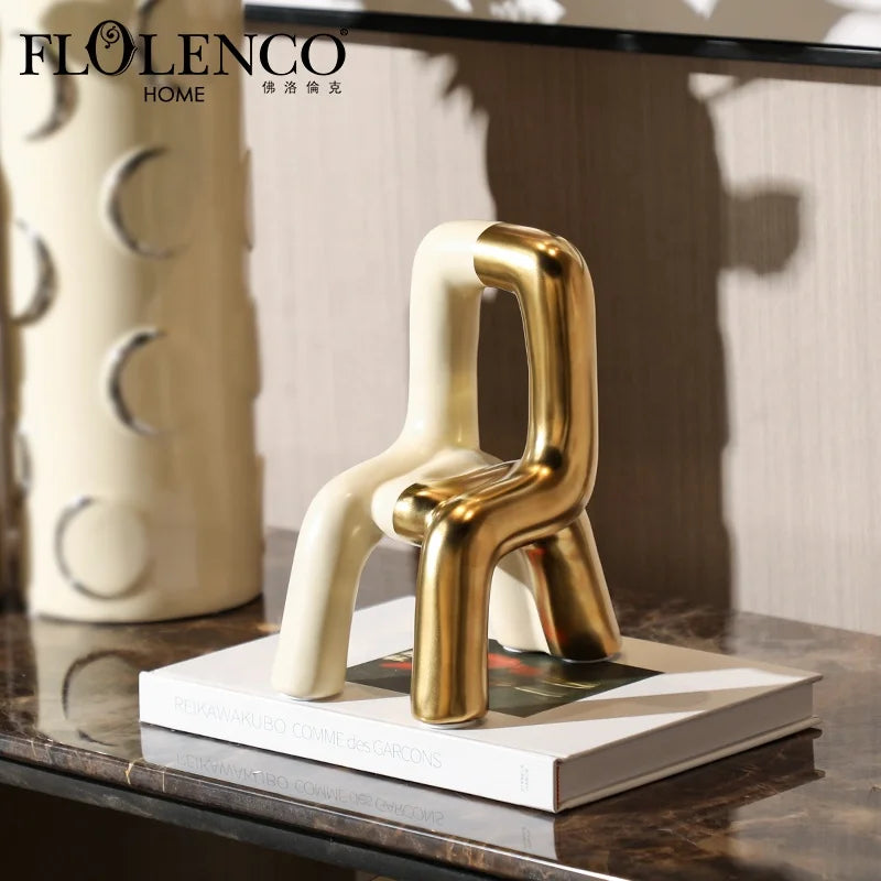 Flolenco Luxury Home Decor Ceramic Chair Ornaments Interior Tabletop Decoration Accessories Color Block Mini Chair Sculpture