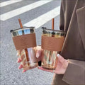 New Coffee Cup 450Ml Stripe Silicone Sleeve Glass Straw Water Cup Reusable Travel Coffee Mug With Lid and Straw Holiday Gift Mug