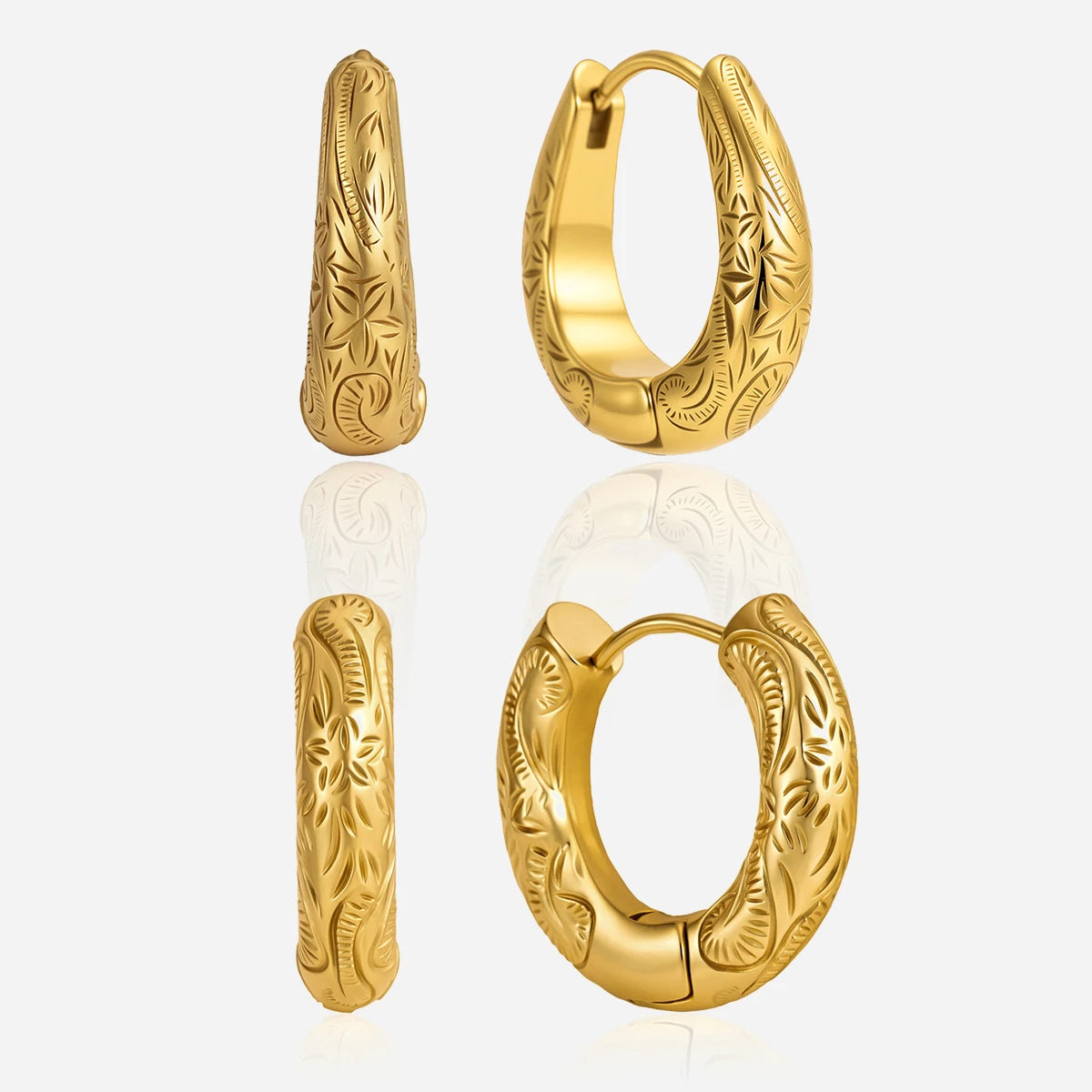 JD 18K Gold Stainless Steel Vintage Botanical Scroll Texture Huggie Hoops U-Shaped Hypoallergenic Dainty Retro Women Jewelry MegaBDM