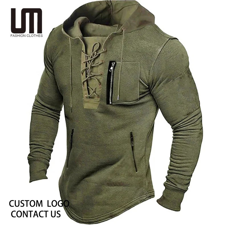 Liu Ming Wholesale Price Fashion Men Clothing Vintage Lace up Streetwear Long Sleeve Hoodie Pullover Tee T Shirt Sweatshirt
