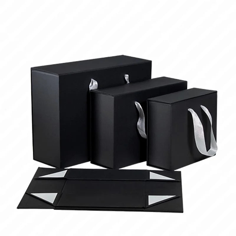 High-End Custom Logo Packaging Boxes 33*25*12cm Black Large Easy Folding Hoodie Shoe Ecommerce Box Rigid Magnetic Handle Low MOQ