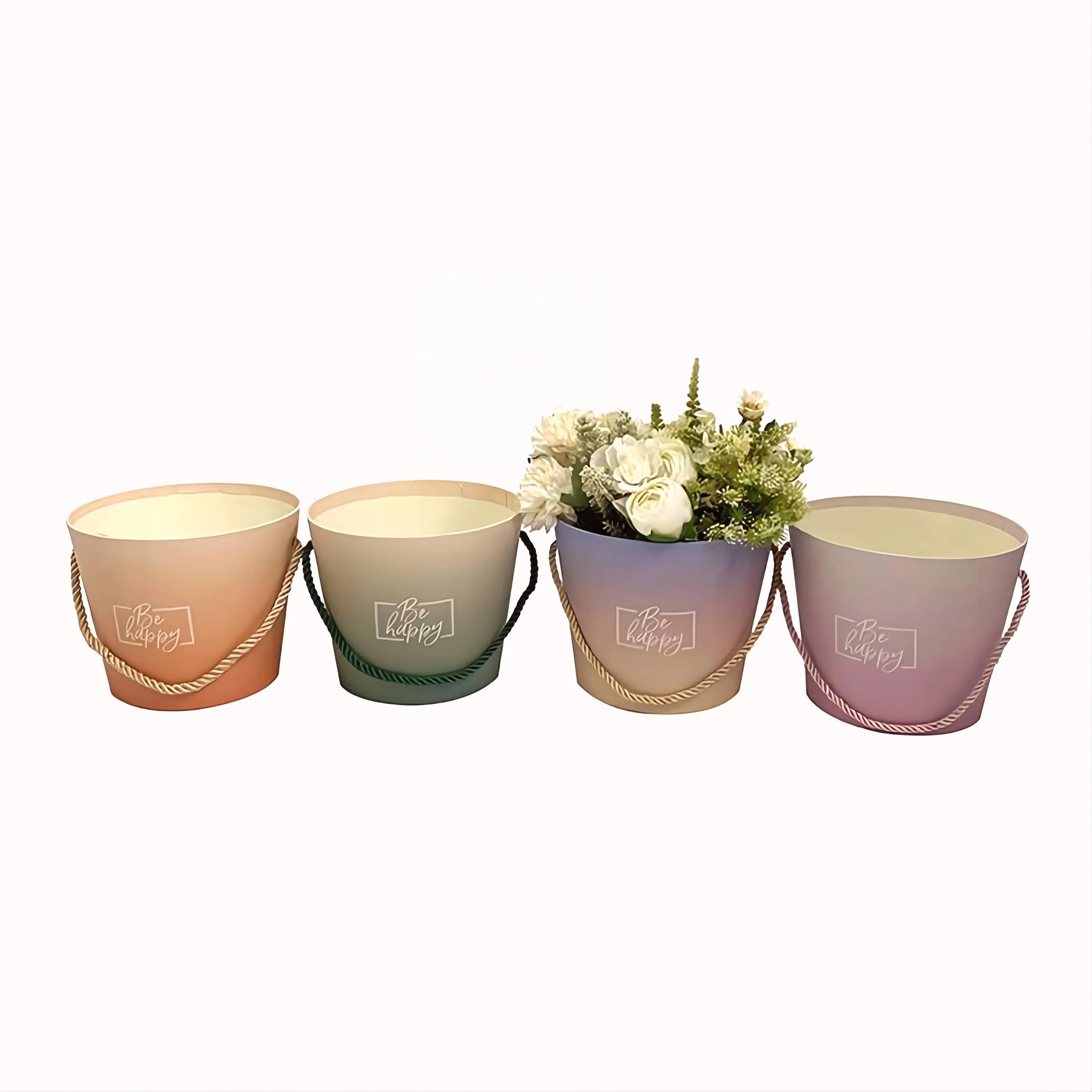 Gradient Single Small Bucket Flower Gift Box Flower Box Barrel Portable Rope Made Cardboard Features Embossing Matt Lamination