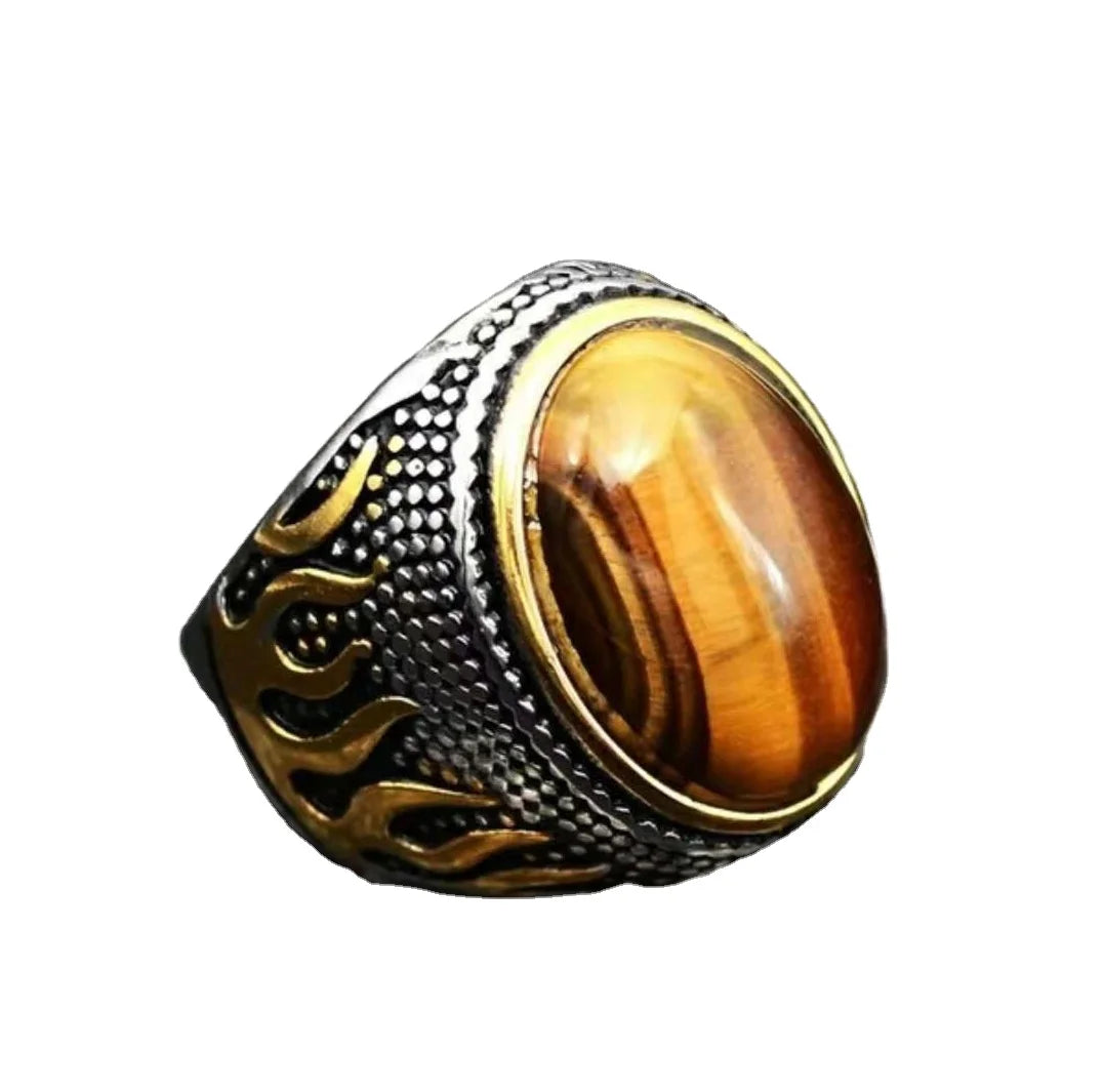 Wholesale European and American Wind Flame Domic Ring for Men and Women New Tiger Eye Stone Retro Men's Wild Ring