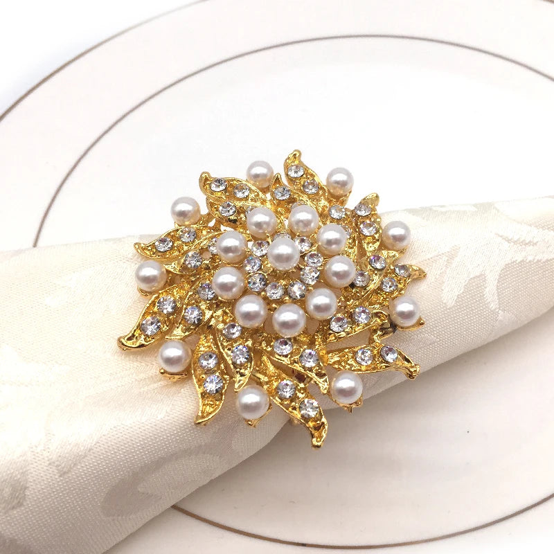 Gold Brass Alloy Metal Sustainable Flower Rhinestone Napkin Rings for Wedding Table Napkins Centerpieces Celebration