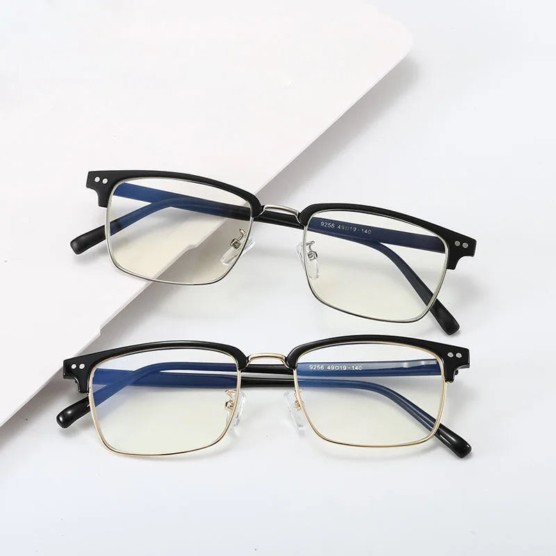 Brand Vintage Half Frame Metal Computer Glass Blue Light Blocking Anti Ray Eyewear Optical Eyeglasses With Rive Glass Frames Men