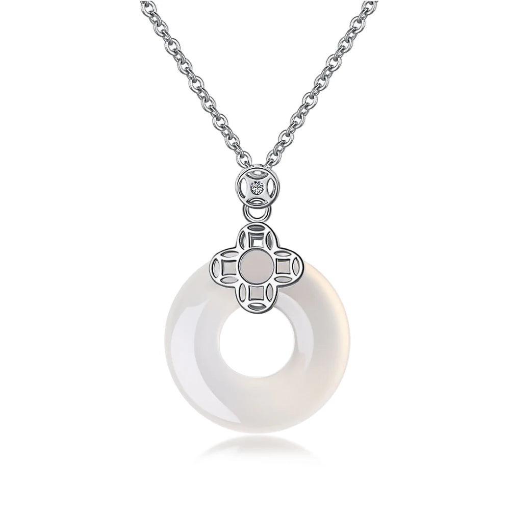 Custom 925 Sterling Silver Lucky Buckle Hollow Round Pendant Luxury High-End 18K Gold Plated Hotan Jade Necklaces for Women