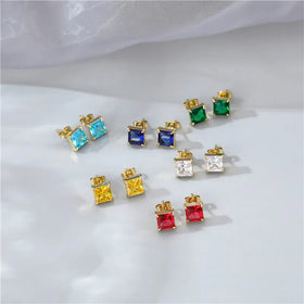 Tiny Simple Square Zircon Earrings Stainless Steel 14k Gold Earrings Colorful Crystal Stud Earrings for Women