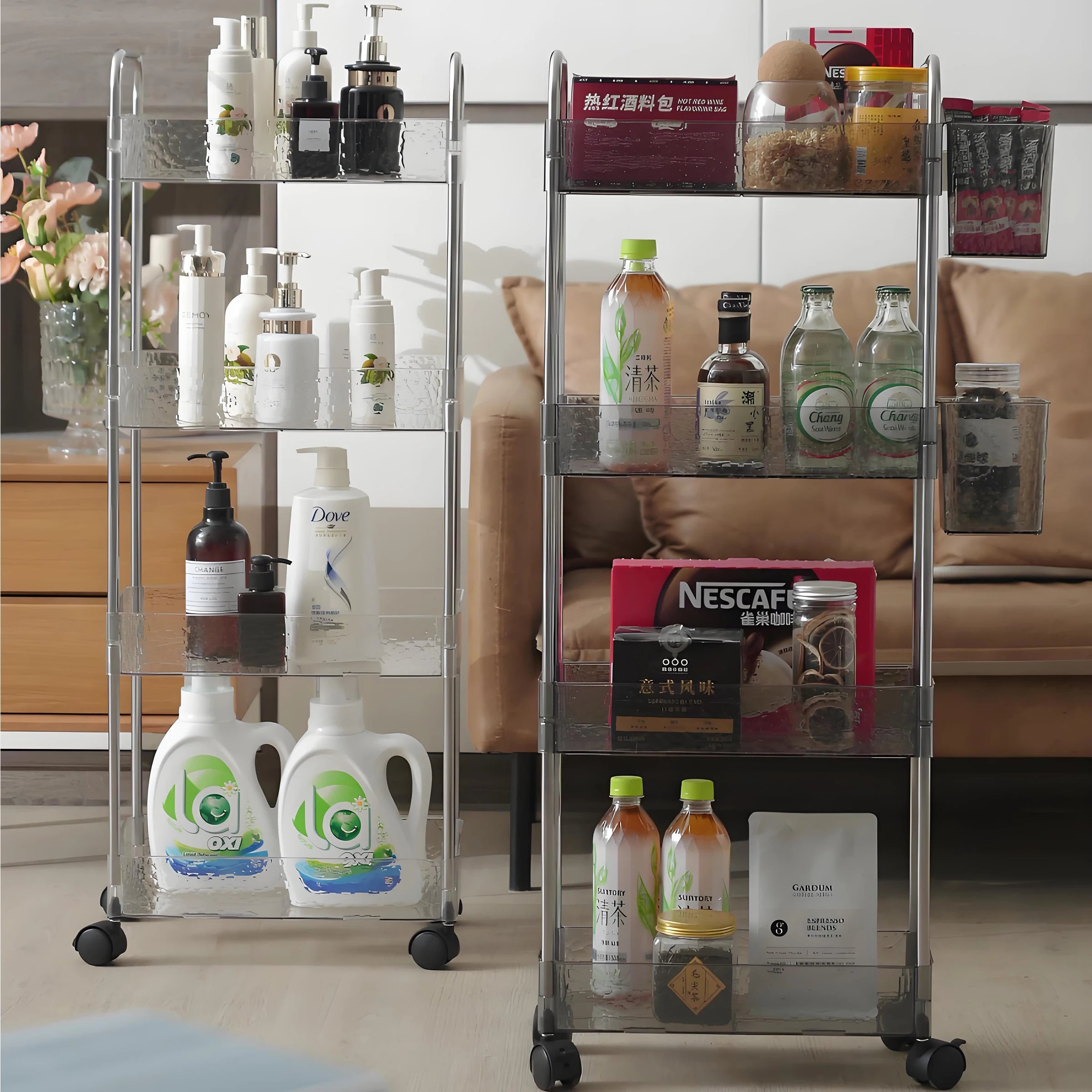 Light Luxury 4-Tier Kitchen Cart Organizer Multi-Layer Transparent Plastic Storage Rack Luxury Rack Holder Stainless Steel