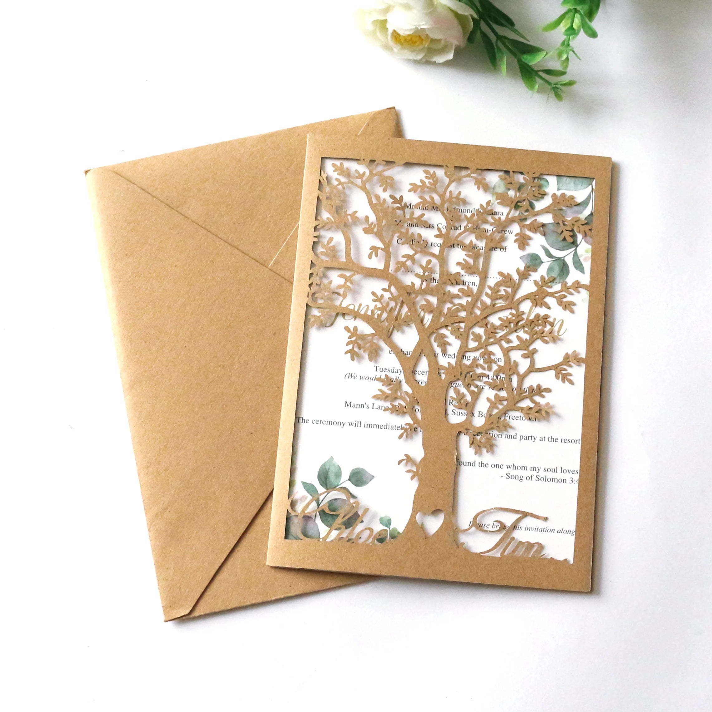 Kraft Invitation Cards And Coffee Color Laser Cut Tree Shape for Weddings
