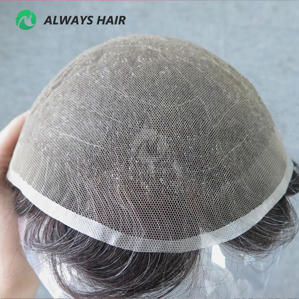 Soft Breathable Full Swiss Lace Human Hair Mens Toupees India Hair Unit with Grey Hair 1B20