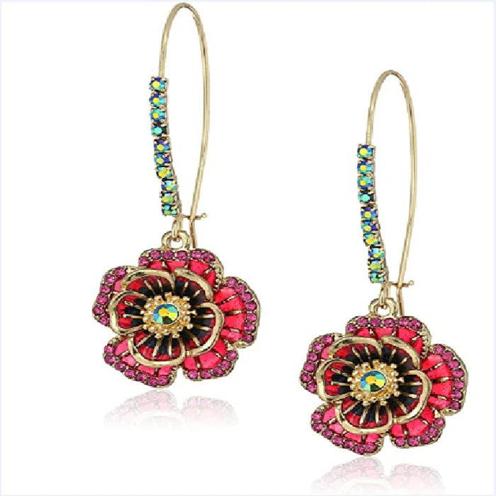 Vintage Ethnic Multi Crystal Rose Flower Pendant Earrings for Women Statement Party Jewelry