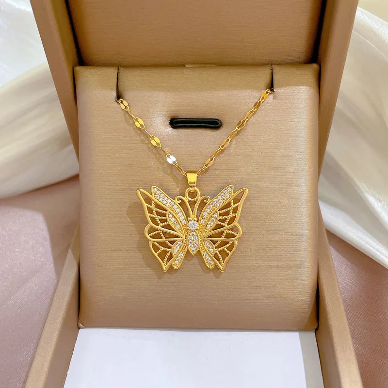 Sparkling Micro Diamond Gold Filled Hollow Butterfly Pendant Necklace Micro Inlaid Shiny Zirconia Butterfly Choker Necklace