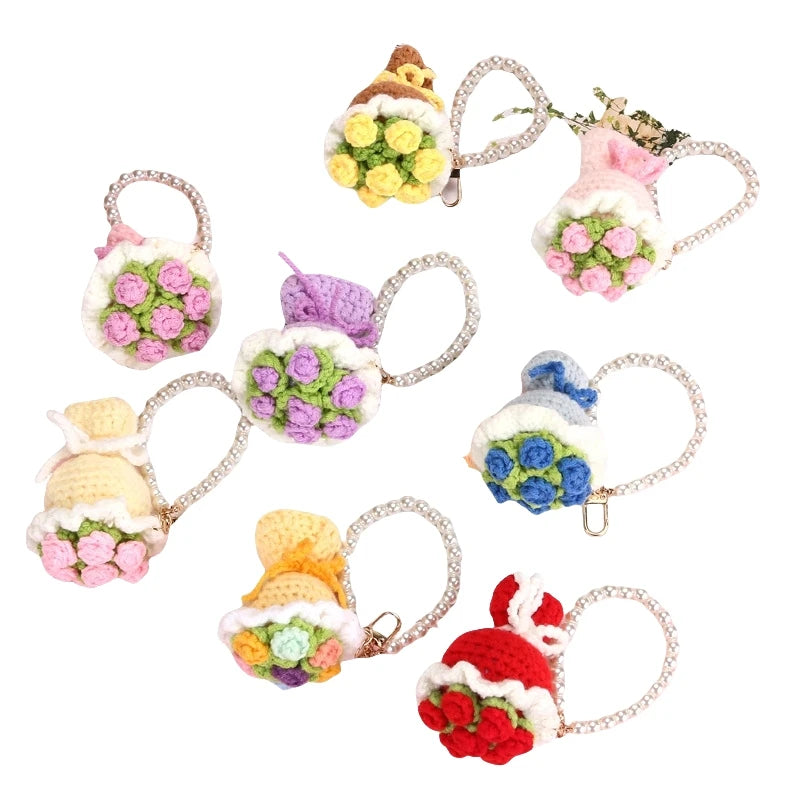 Cute Colorful Rose Bouquet Crochet Flower Keychain Bag Hanging Pendant Accessory Valentines Gift Handmade Pearl Macrame Keychain