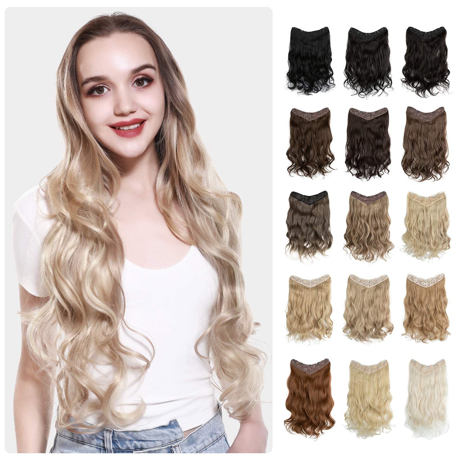 Wholesale SARLA VH01 26" Synthetic V Part Wig Curly Seamless Natural Blonde 5 Clips in Pre-Bonded Ring-X Hair Extensions Women