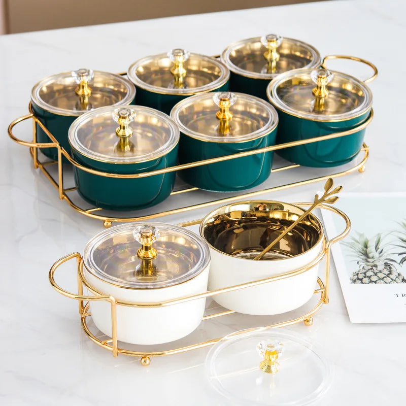 Inner Gold Color Ceramic Bowl Fruit Plate Candy Snack Saucer Tray With Glass Lid