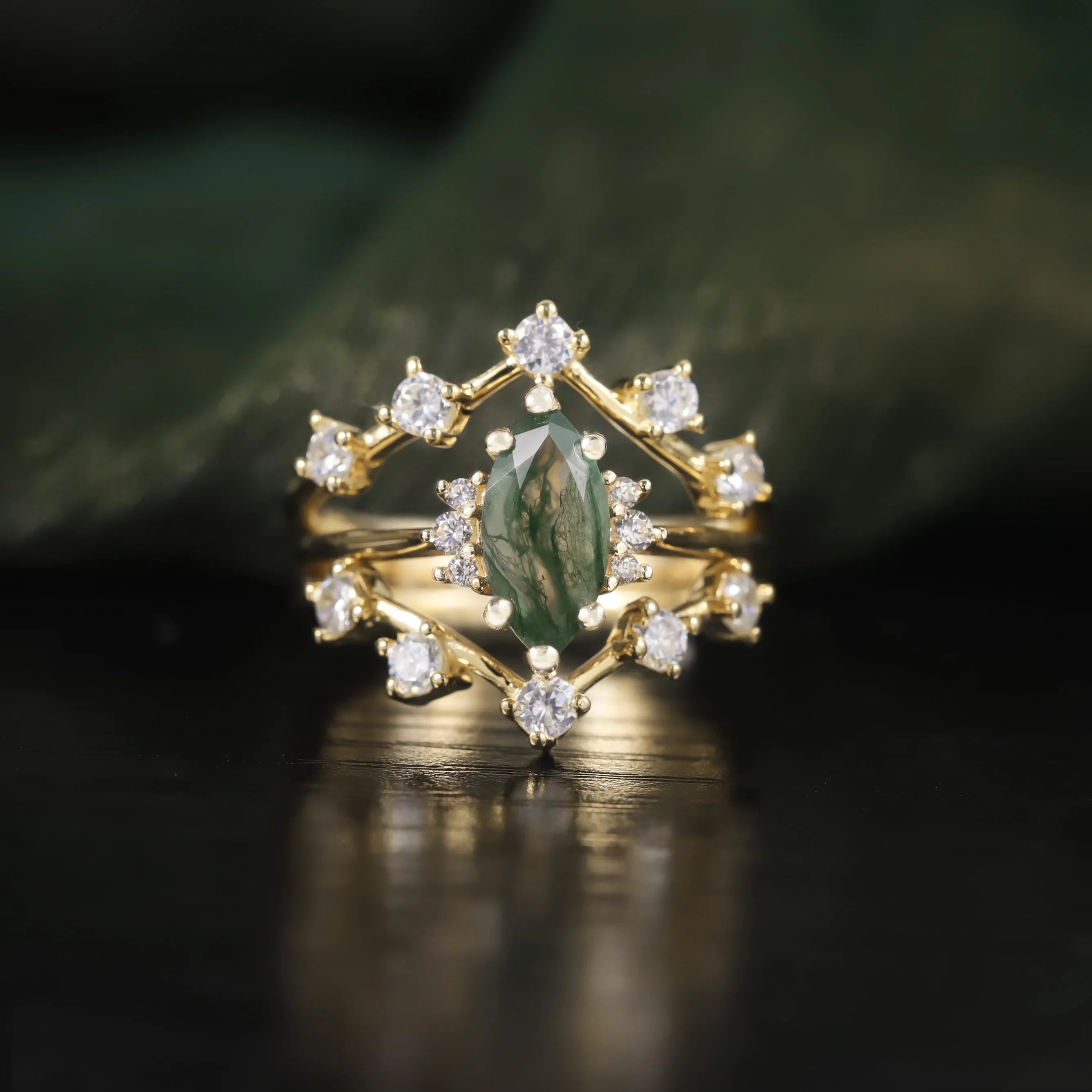 Abiding China Jewelry Custom Marquise Green Moss Agate Gemstone 925 Sterling Silver Engagement Wedding Ring Sets for Women
