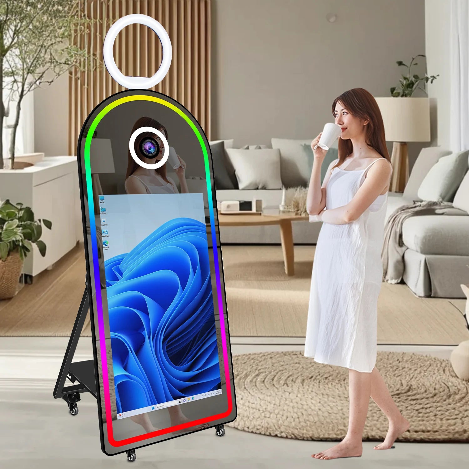 Factory Direct Sale Arch Magic Mirror Instant Print Photo Booth with 43-Inch Touch Screen SLR Compatible Metal Construction