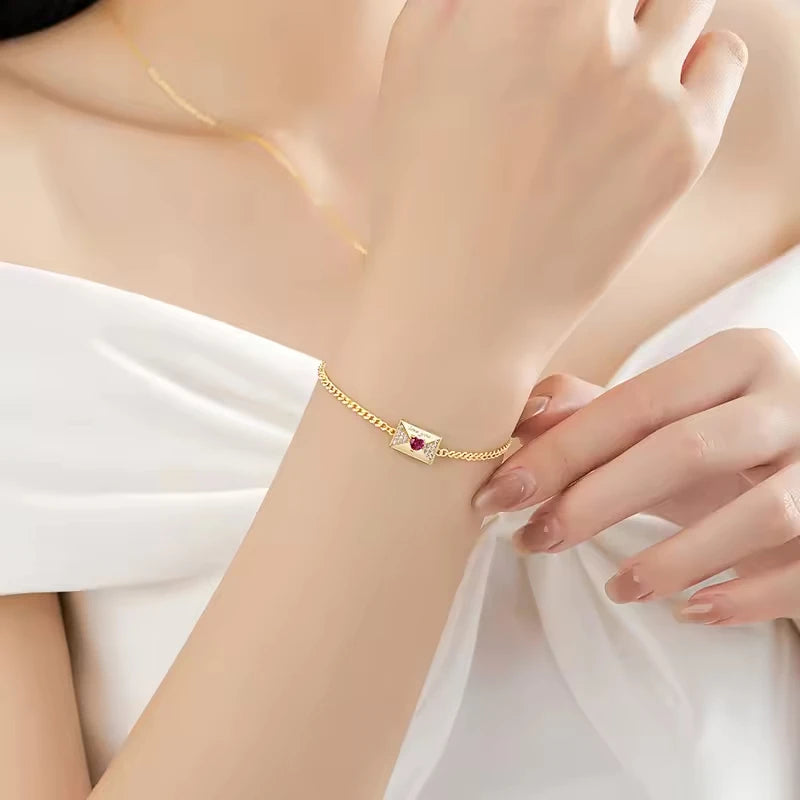 Romantic Jewelry 925 Sterling Silver Gold Plated Love Envelope Letter Red Heart Zircon Chain Bracelet