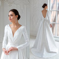 11996#Simple Long Sleeves V Neck Open Back A-Line Wedding Dress Swep Train Satin Elegant Pleated Wedding Dress Bridal Gown