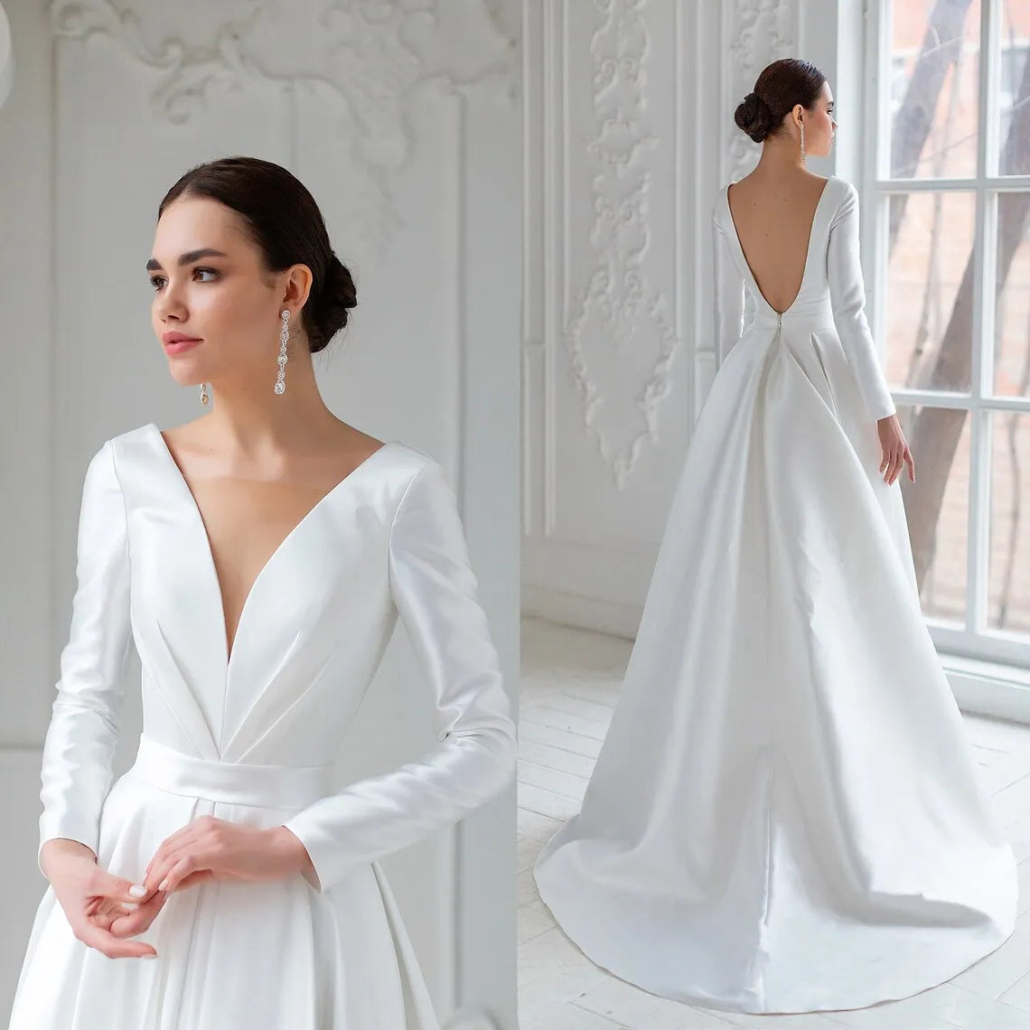 11996#Simple Long Sleeves V Neck Open Back A-Line Wedding Dress Swep Train Satin Elegant Pleated Wedding Dress Bridal Gown