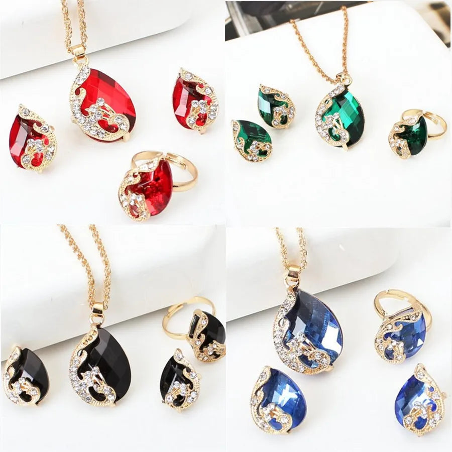 Fashion Peacock Crystal Pendant Clavicle Necklace Earring Ring Three-piece Jewelry Set Accessories Gift for Women
