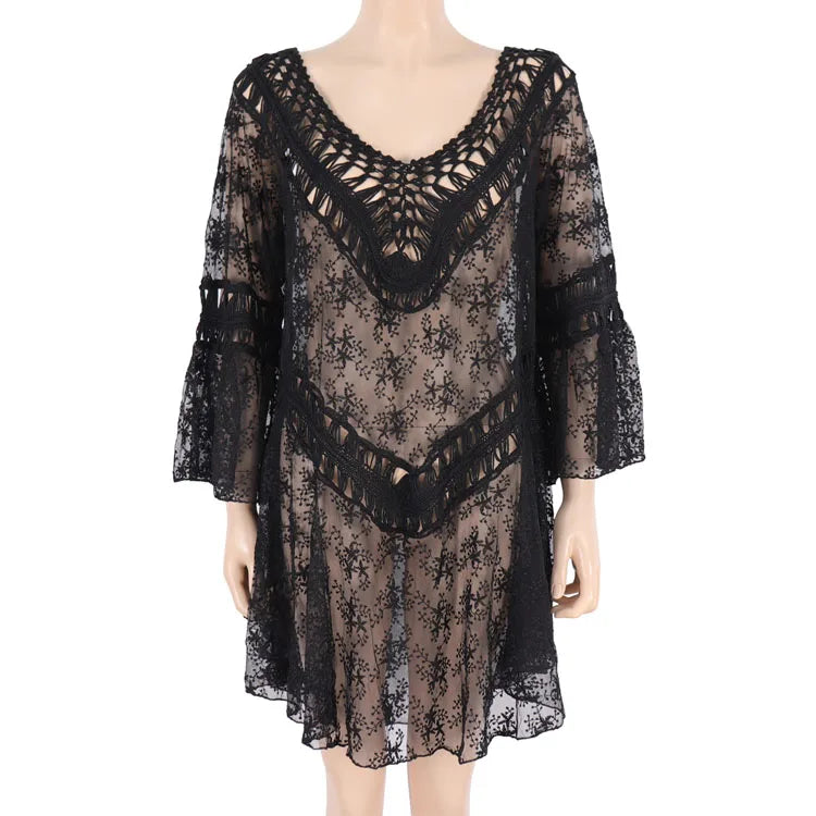 See Through Cover up Custom logo Lace Beach Cover up Wholesale V Neck Bikini Cover up Factory Directly
