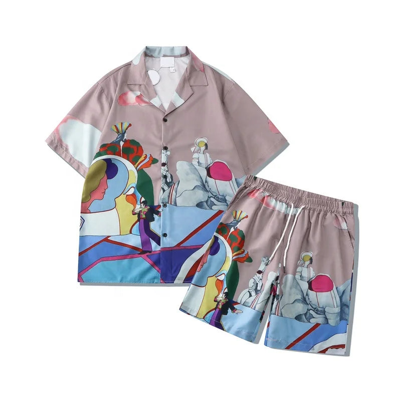 Cut and Sew Custom Mens Spring Summer Breathable Print Casual Hawaiian Beach 2-Piece Buttoned Shirts Shorts Set
