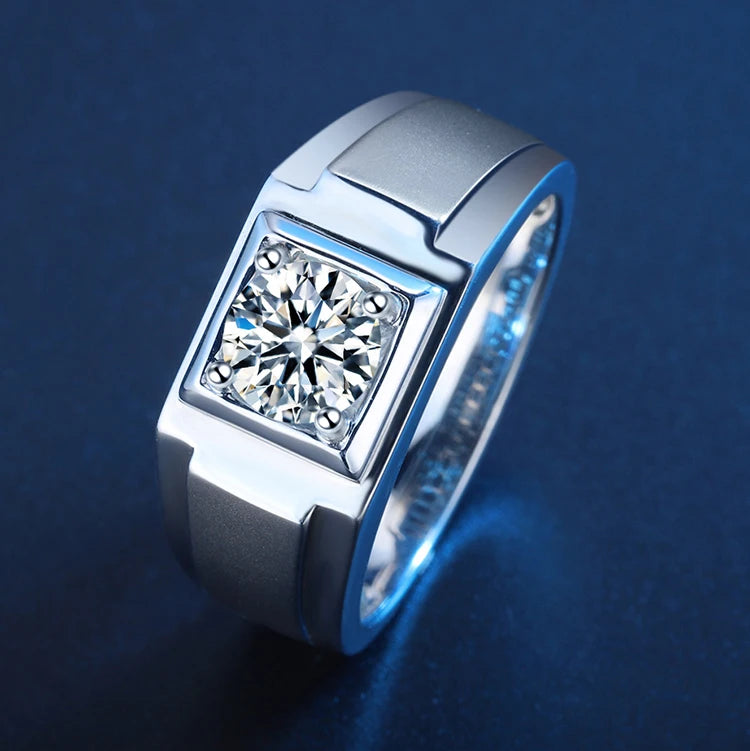 GRA Certified Moissanite Rings Wedding Engagement White Gold Plated Moissanite Mens Ring in Sterling Silver
