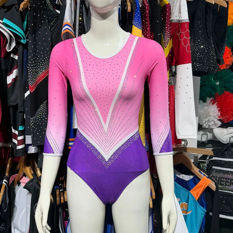 Newest Gymnastic Sublimation Ombre Pink Polyester Spandex Leotard Custom Gymnastics Leotard AB Stones for Youth&Adult Gymnasts
