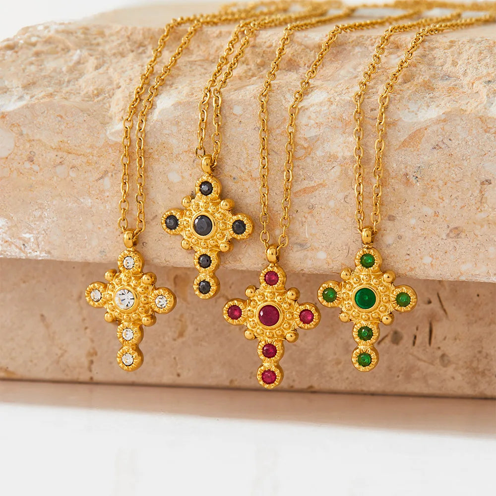 Vintage Zircon Inlaid Cross Pendant Splicing Necklace Stainless Steel  Jewelry for Girls