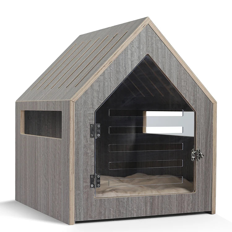 Modern Windproof Wooden Pet House for Dogs Cats & Small Animals with Horizontal Sliding Door Triangle Shape Detachable Design