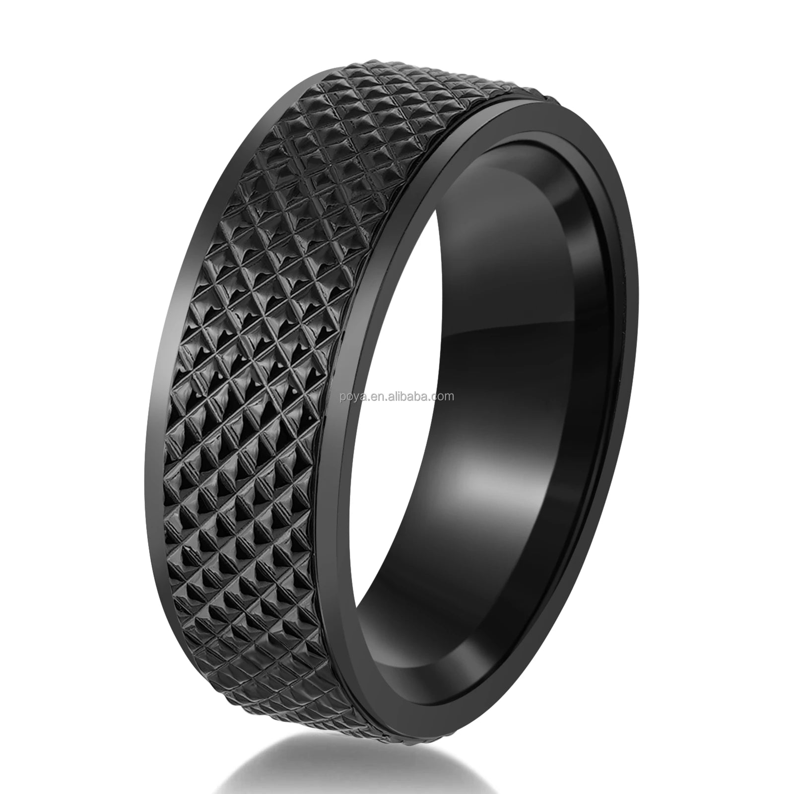 POYA Fashion Black 8mm Stainless Steel Ring Knurled Engraved Promise Ring for Him Unique Wedding Band  Comfort Fit