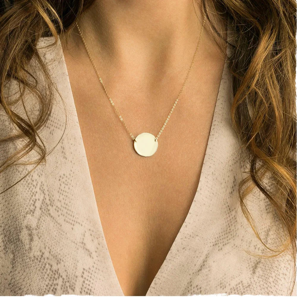 Custom Logo 15*15mm Double Hole Round Pendant Necklace with Smooth Stainless Steel Initial Letter Disc Coin Link Chain