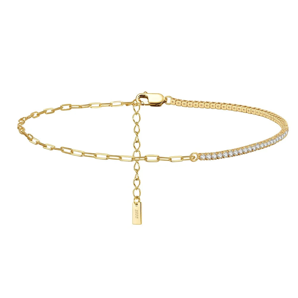 RINNTIN SA21 Unique Design 925 Sterling Silver Ankle Bracelet for Women Ancle Half Tennis Chain Half Paperclip Chain Anklets