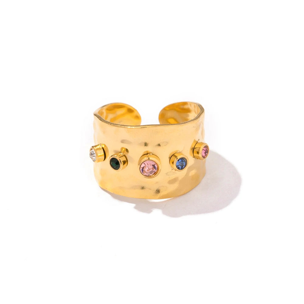 Minimalist Colorful Zircon HipHop Wide 5 Shiny Cubic Zirconia Waterproof Stainless Steel Opening Ring