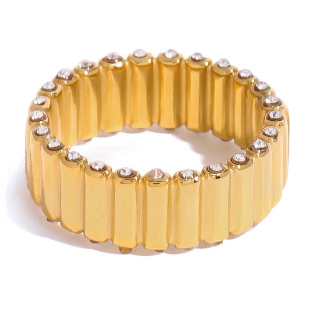 Waterproof Texture Casting Statement Ring Stainless Steel Striped Widen Rings PVD Gold Plated Fashion Zircon Jewelry for Women