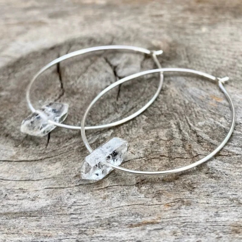 Natural Herkimer Diamond Quartz Hoop Earrings for Women Dainty Raw Crystal Open Circle Earrings