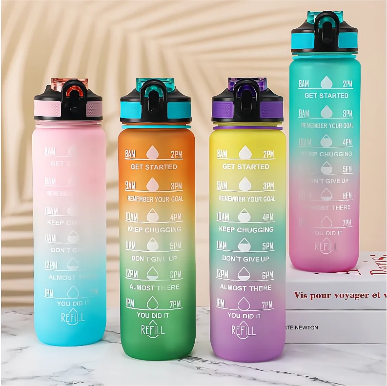 BPA Free 1L Plastic Large Capacity Tritan Gym Sport Motivational Water Bottles Wholesale With Straw and Time Marker