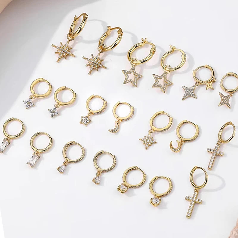 High Quality Fashion Pendant Earrings Baguette Cross Star Luxury 925 Silver Gold Plated Cubic Zircon Dangle Earrings Hoop