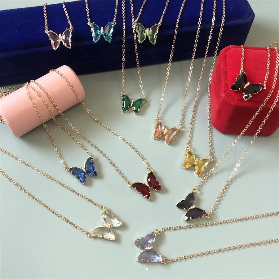 12 Colors 18K Real Gold Plated with Brass Crystal Glasses butterfly Women Super Beautiful Luxury Women butterfly Necklace
